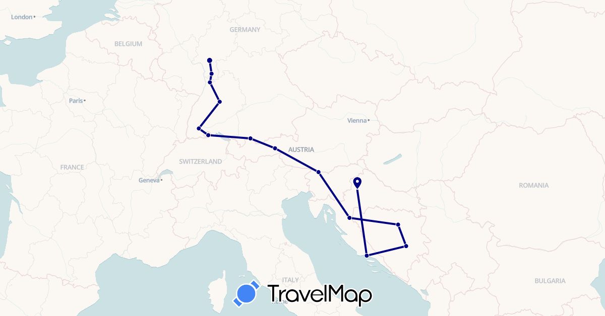 TravelMap itinerary: driving in Austria, Bosnia and Herzegovina, Switzerland, Germany, Croatia, Slovenia (Europe)